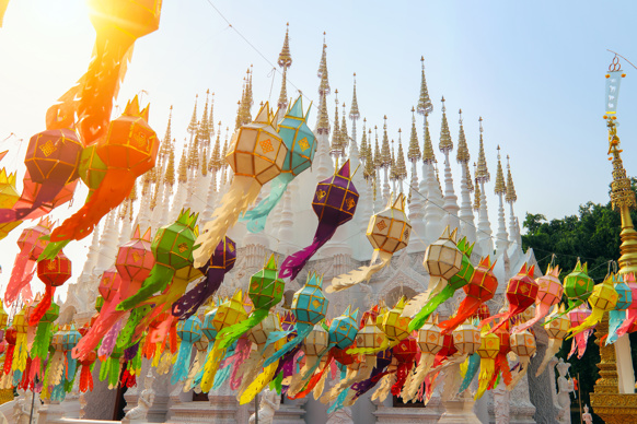 Colourful lanterns outside a Thai temple before Songkran festival
