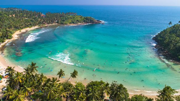 Aerial view of surf beach Hiriketiya, Dikwella, Sri Lanka